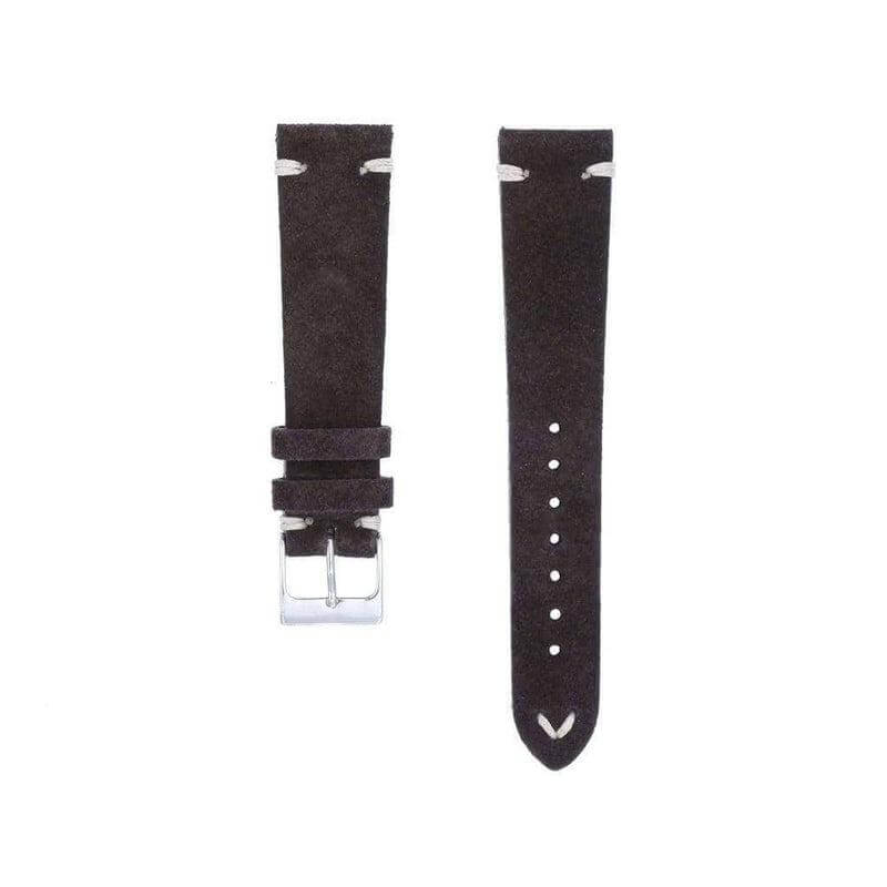 Cinturino in suede marrone scuro, dettaglio cucitura