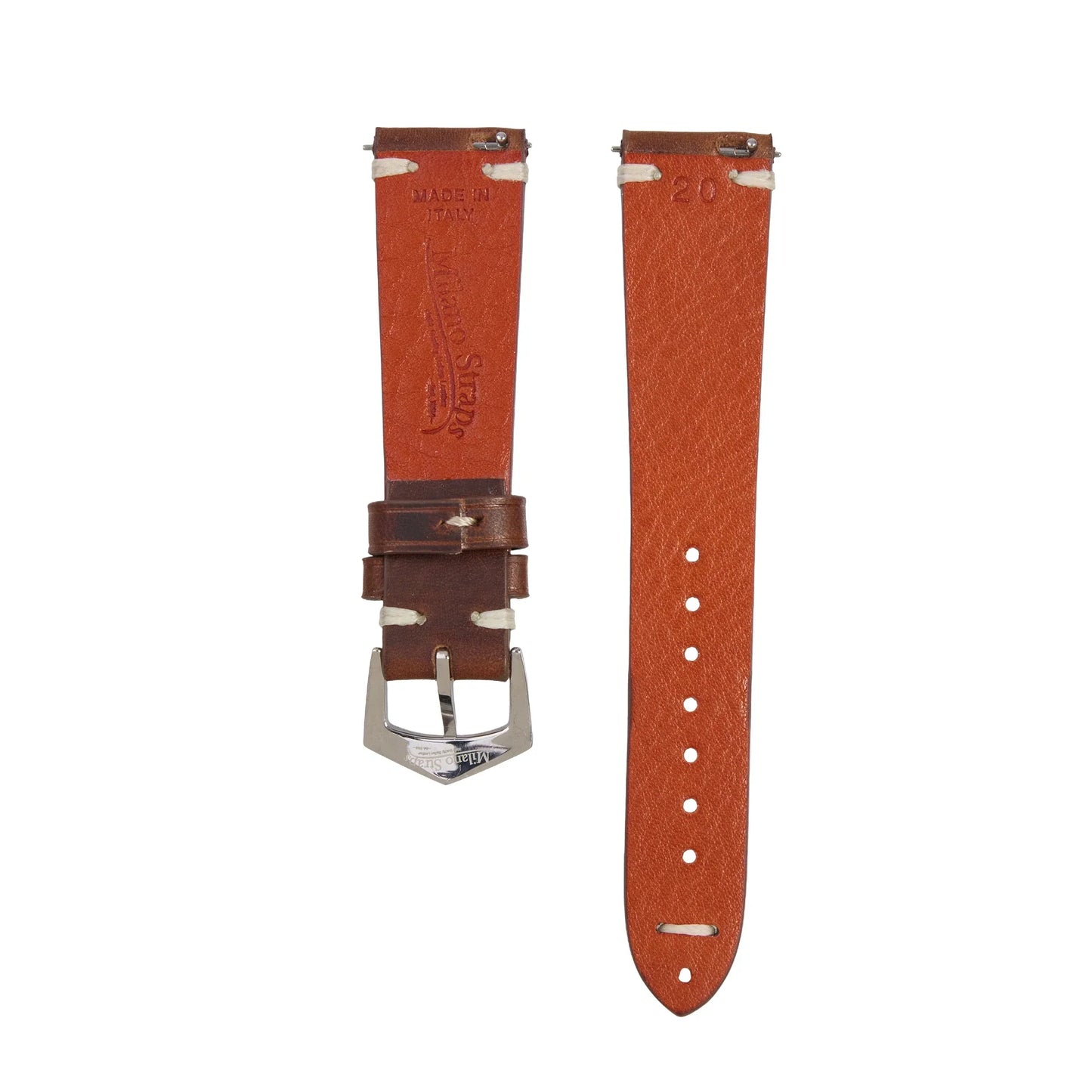 Cinturino in vitello marrone, retro con marchio Made in Italy